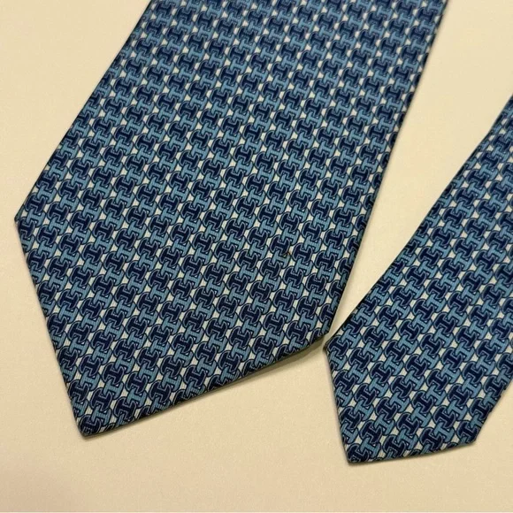 HERMES dark blue blue silk H print tie - Picture 4 of 4